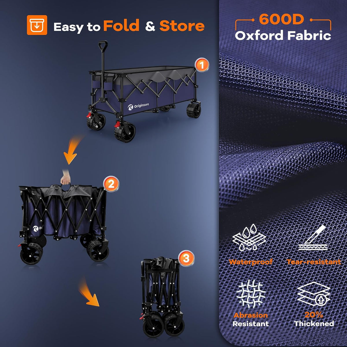 Originsure 48' L Collapsible Beach Wagon Cart Foldable, 560LB Weight Capacity 300L Heavy Duty Folding Wagons with Big All-Terrain Wheels, Utility Carts for Groceries, Camping, Sports - Grey&Purple