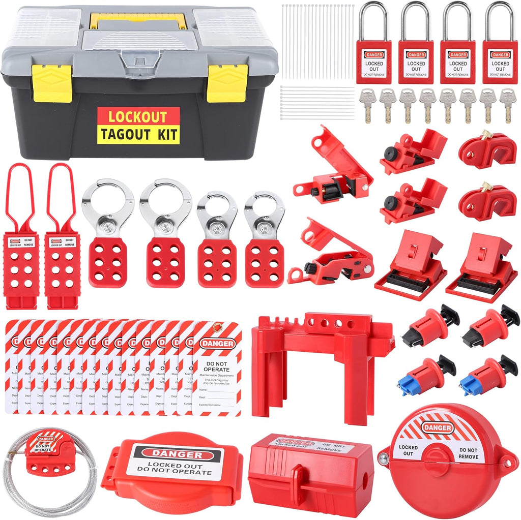 73 PCS OSHA Compliant Lockout Tagout Kit- Safety Loto Kit with Padlocks, Lockout Hasps, Loto Tags, Circuit Breaker, Electrical Plug, Ball/Gate/Cable Locks for Industrial Electrical & Machinery Safety