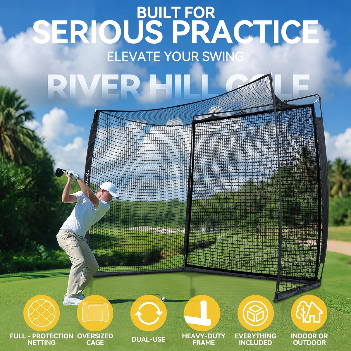 Golf Cage with Impact Screen, 10x8 Ft Golf Hitting Net w/Sound-Dampening Cloth, Practice Mat, Golf Simulator Enclosure, Indoor & Outdoor Driving Chipping Equipment for Home, Backyard & Garage