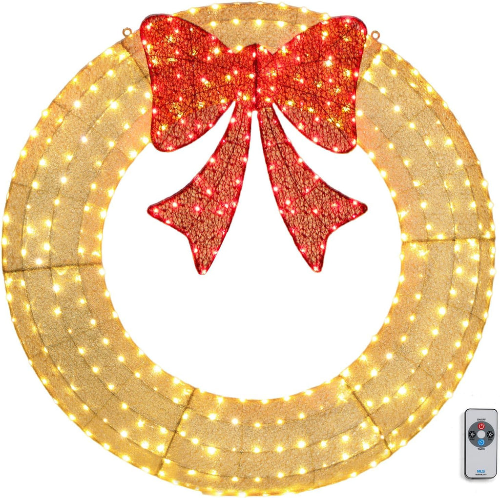 VINGLI 60 Inch Large Christmas Wreath, Outdoor Christmas Wreath for Garage, Windows, Christmas Door Wreath Decorations with Red Bow, Timer Remote Control, Plug-in, Gold