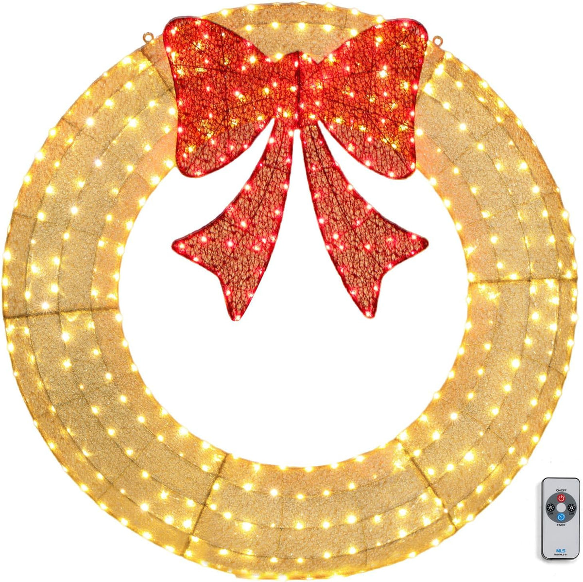 VINGLI 60 Inch Large Christmas Wreath, Outdoor Christmas Wreath for Garage, Windows, Christmas Door Wreath Decorations with Red Bow, Timer Remote Control, Plug-in, Gold