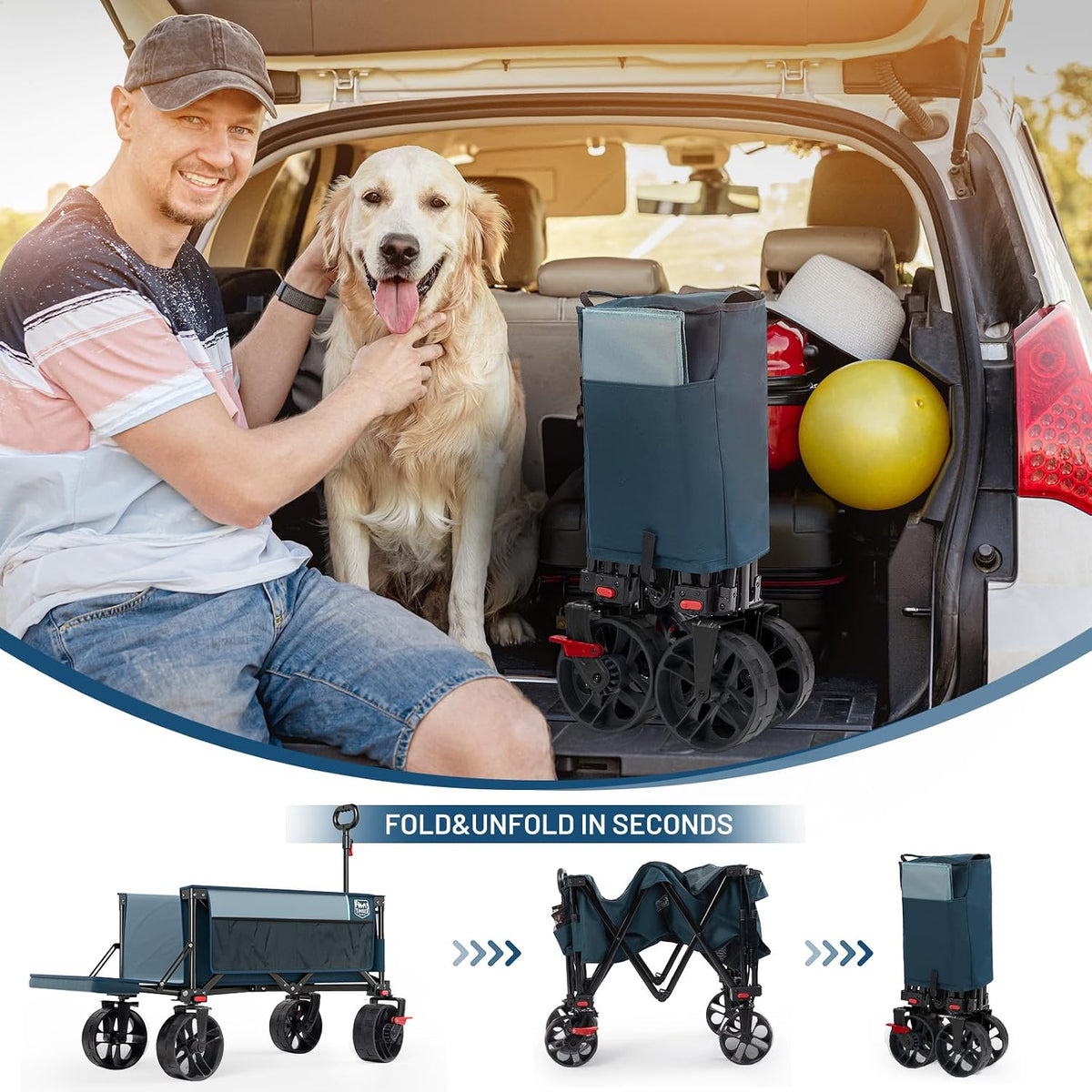 Timber Ridge Beach Wagon with Tailgate, 300 lbs Heavy Duty Collapsible Wagon with All-Terrain Big Brakes Wheels, Foldable Utility Cart for Sand Sports Shopping, Blue