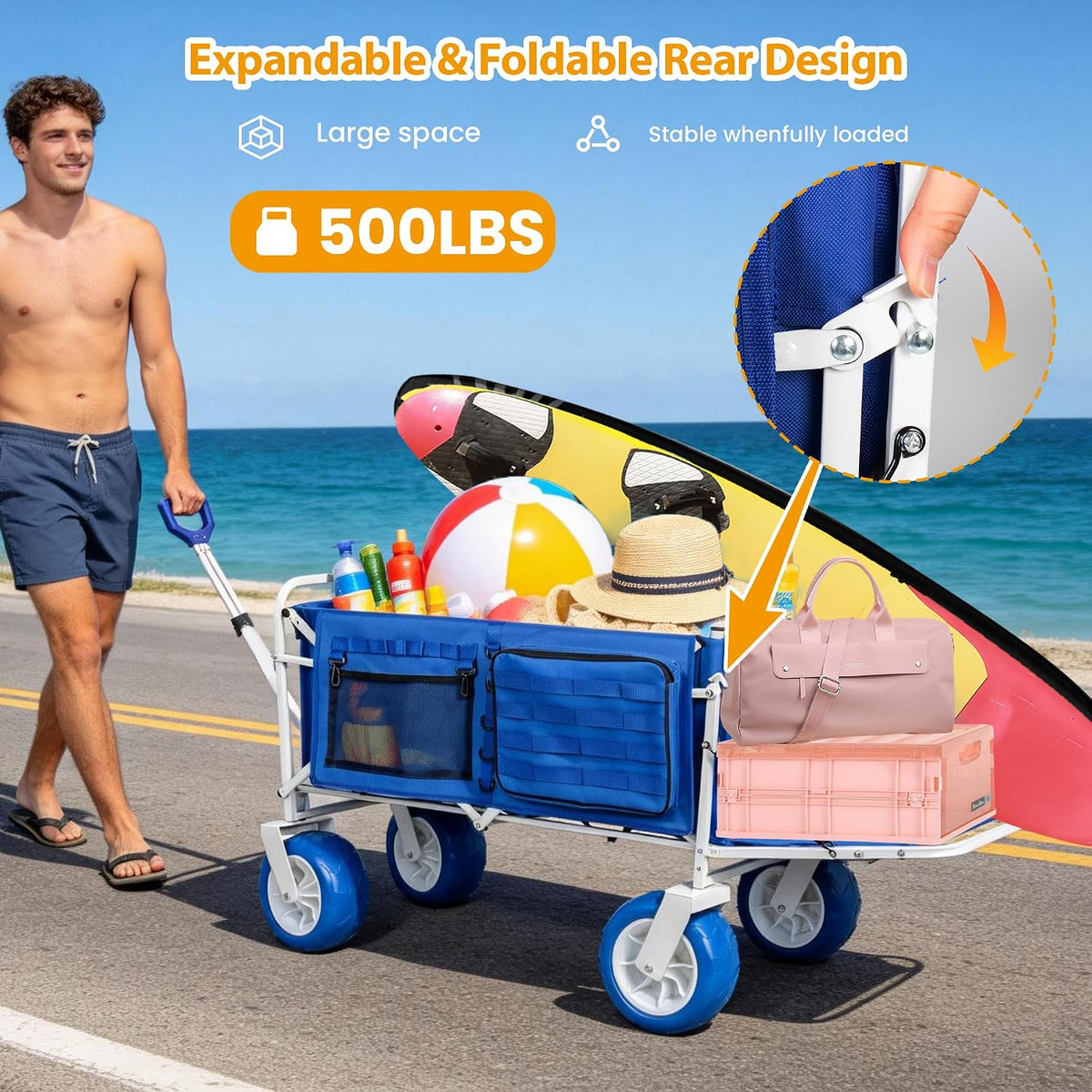ZeHuoGe 500LBS Folding Wagon with Extendable Tailgate, Multi-Functional Wagon with 9' All-Terrain 360° Rotation Wheels, 2 Detachable Insulated Bags for Beach, Camping, Garden & Outdoor Sports