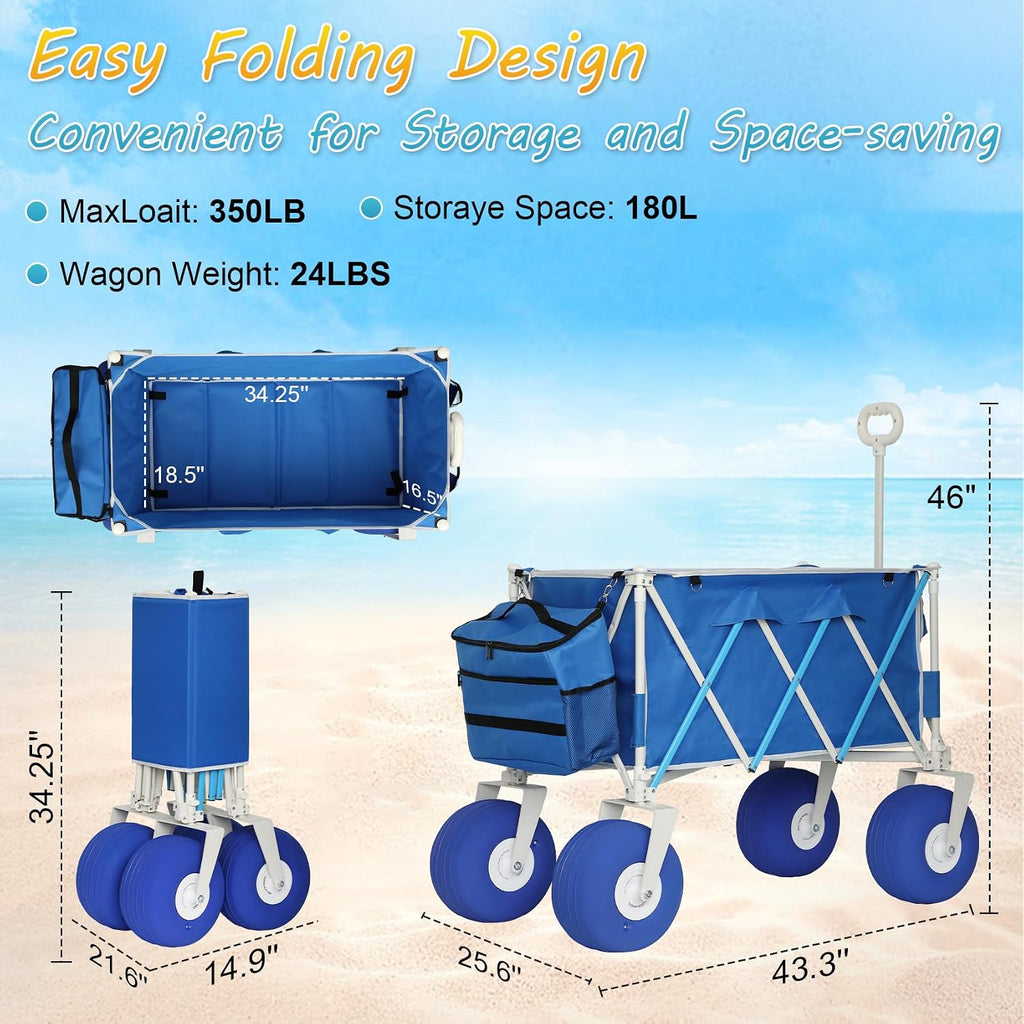 Beach Wagon with Big Wheels for Sand, Heavy Duty 350lbs Folding Beach Wagon with 10.5' All-Terrain Inflatable Wheels, Utility Cart for Camping, Outdoor Shopping, Garden & Sports, Includes Air Pump
