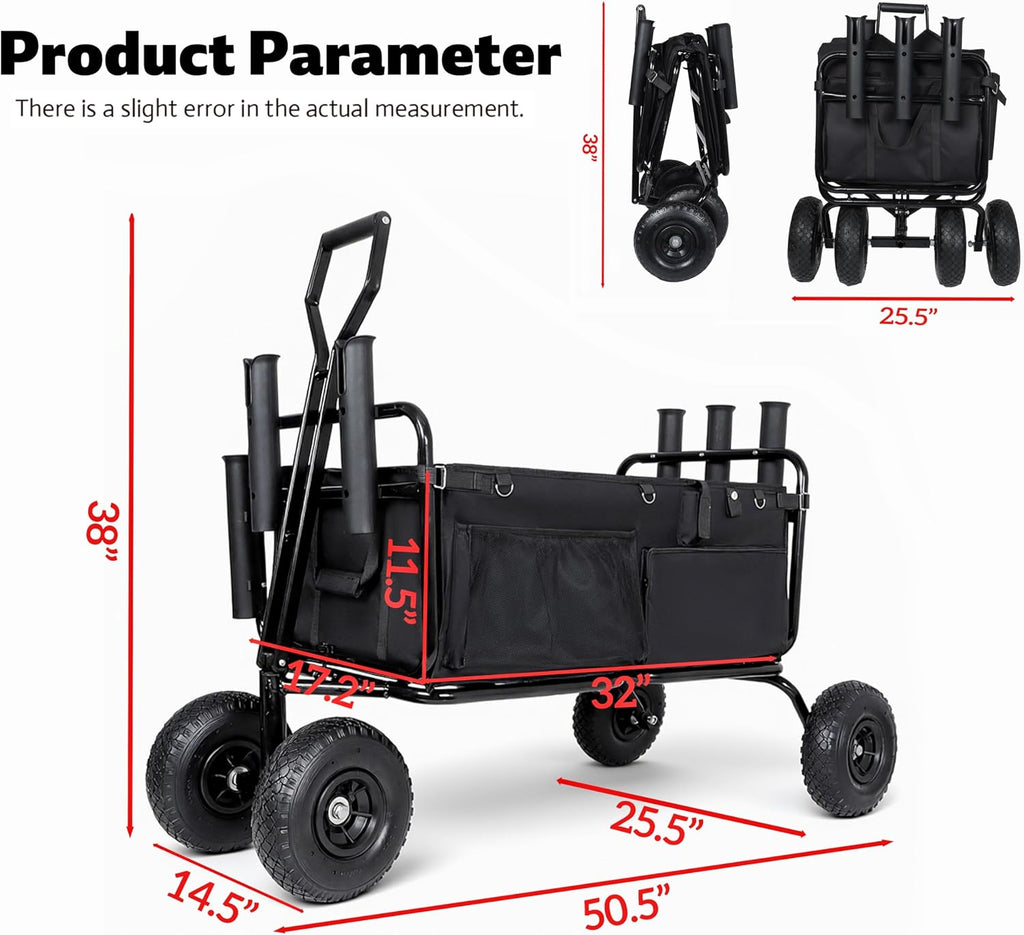 Fishing Cart Beach Cart Collapsible Wagon with 9.85' All-Terrain Wheels for Sand, Heavy Duty Foldable Utility Cart 550LBS Capacity with Rod Holders for Camping, Garden, Grocery, Outdoor Sports(Black)
