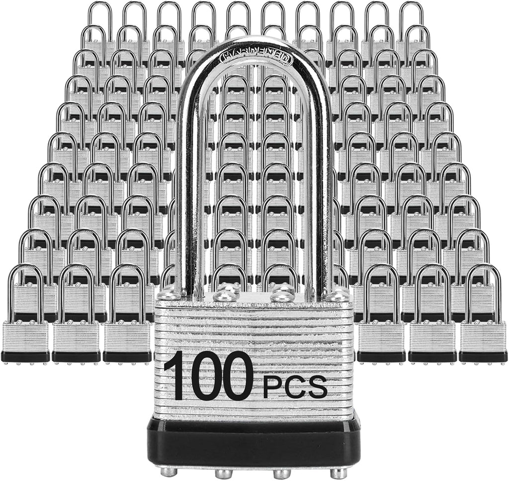 Padlocks with Same Key, LQYN 100 Pcs Laminated Keyed Padlock (1-9/16', 40mm), Keyed Alike Locks, Long Shackle, for Storage Locker, Hasp Latch, Toolbox, Sheds