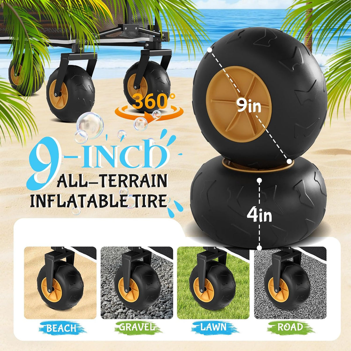 Beach Wagon with Big Wheels for Sand,Heavy Duty Double Decker Wagon with Extender,400L Extra Large Foldable Wagon Cart with 9' All Terrain Inflatable Tires,for Beach Camping Garden and Sports, Black