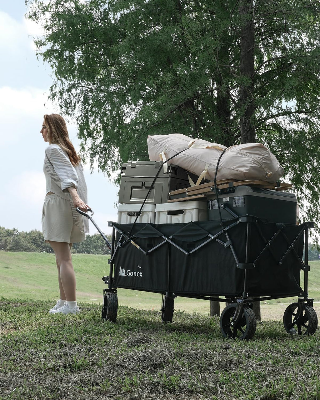 Gonex 48''L Collapsible Foldable Heavy Duty Oversized Wagon with 440lbs Weight Capacity, 300L Folding Large Utility Garden Grocery Shopping Cart with 8' H All-Terrain Wheels & 2 Drink Holders - Black