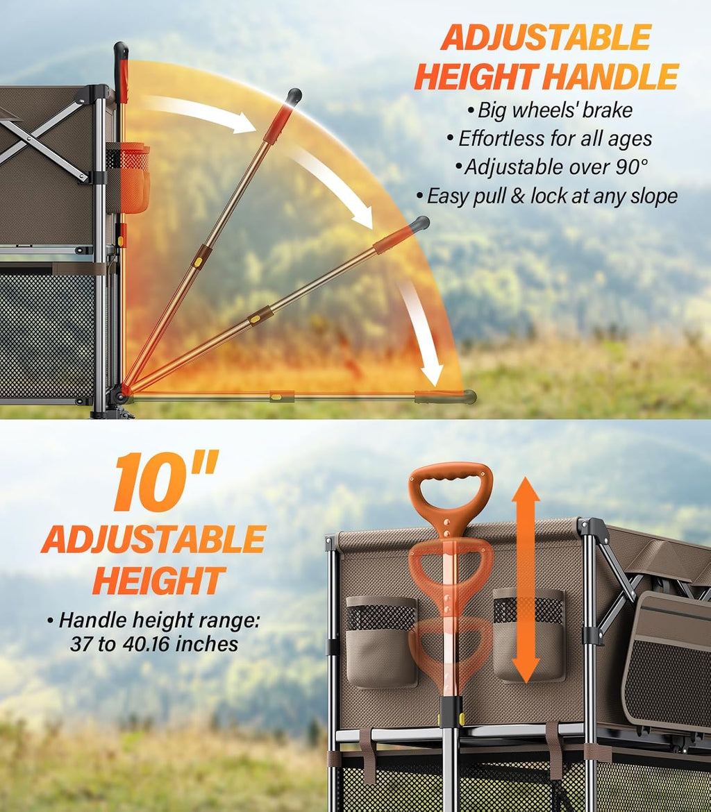 Collapsible Wagon Double Decker,Wagons Carts Foldable,Heavy Duty Wagon Camping Sports Garden Grocery,Utility Wagon for All Terrain Brown