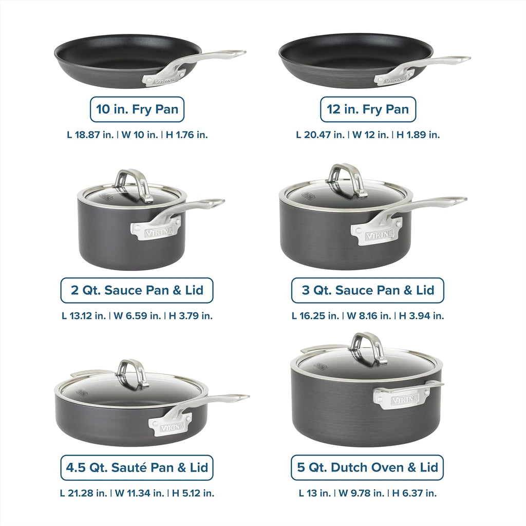 Viking Pots and Pans Set Non Stick, 10 Piece Hard Anodized Kitchen Cookware with Glass Lids, Black