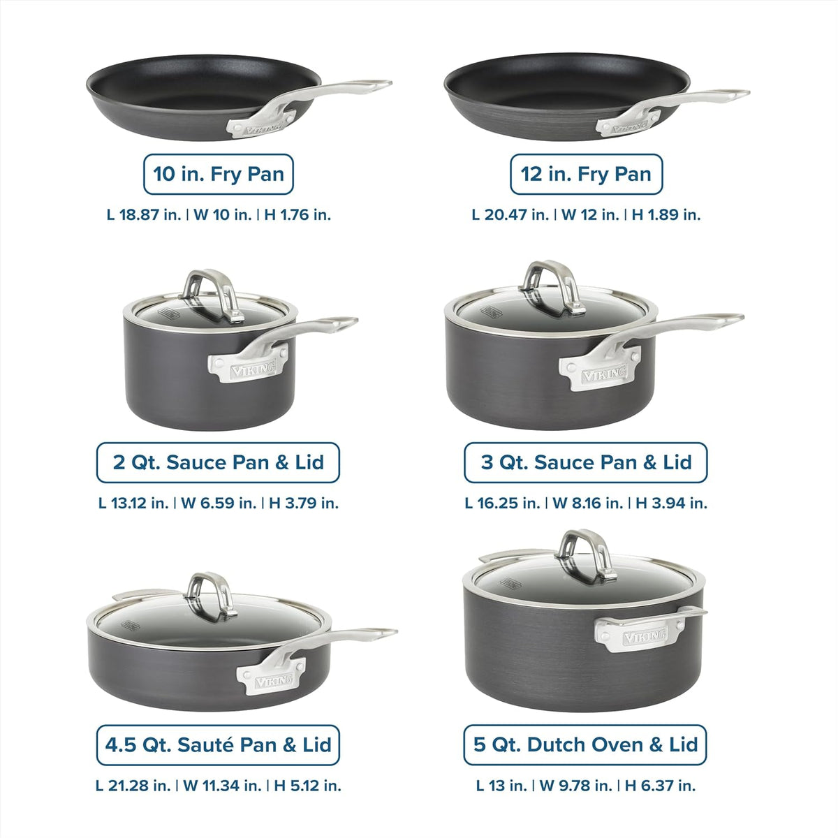 Viking Pots and Pans Set Non Stick, 10 Piece Hard Anodized Kitchen Cookware with Glass Lids, Black