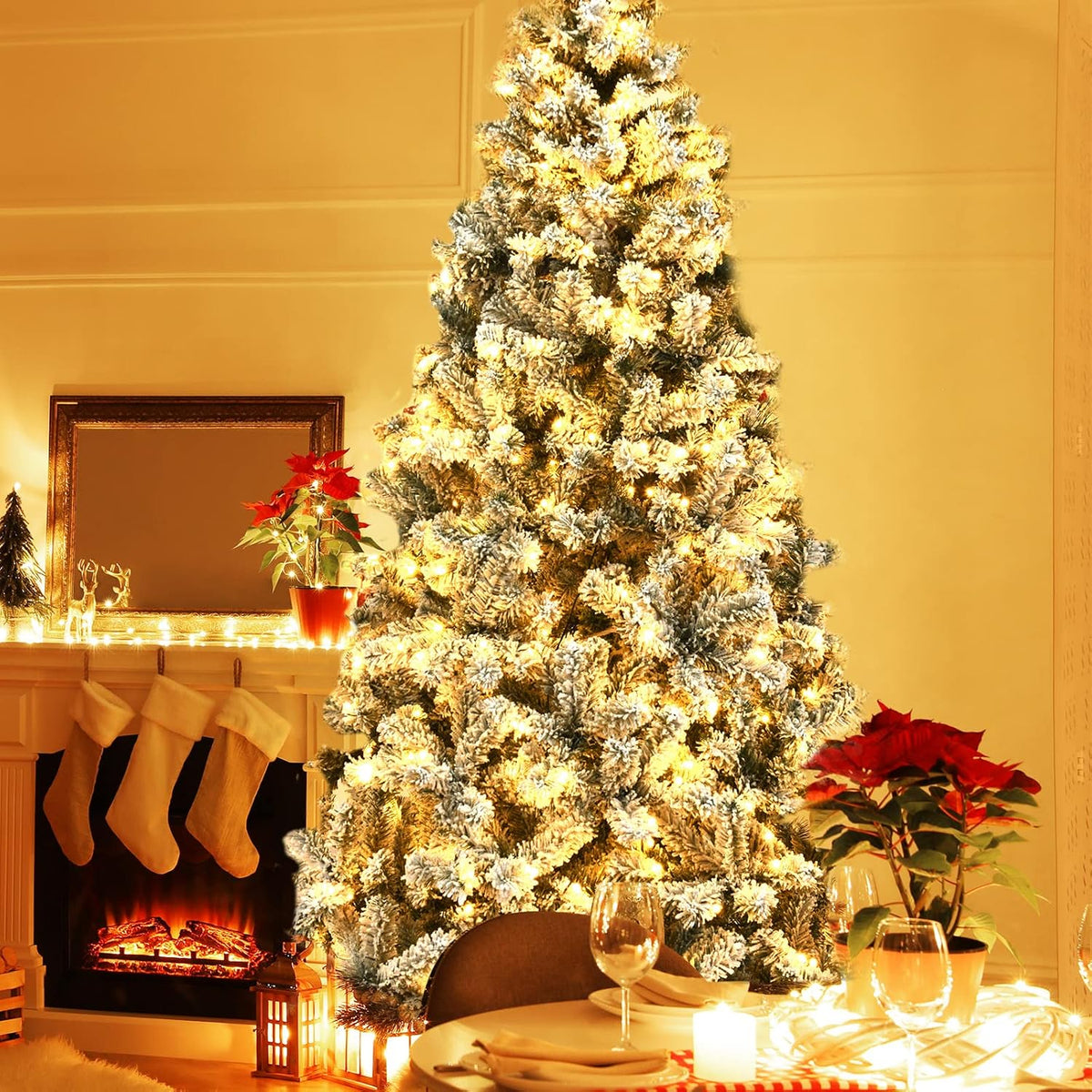 COSTWAY 7.5 FT Pre-Lit Christmas Tree, Snow Flocked Hinged Xmas Tree with 1010 Branches Tips & 450 LED Lights, Metal Stand, Artificial Pine Lighted Holiday Tree for Home Office Decorations