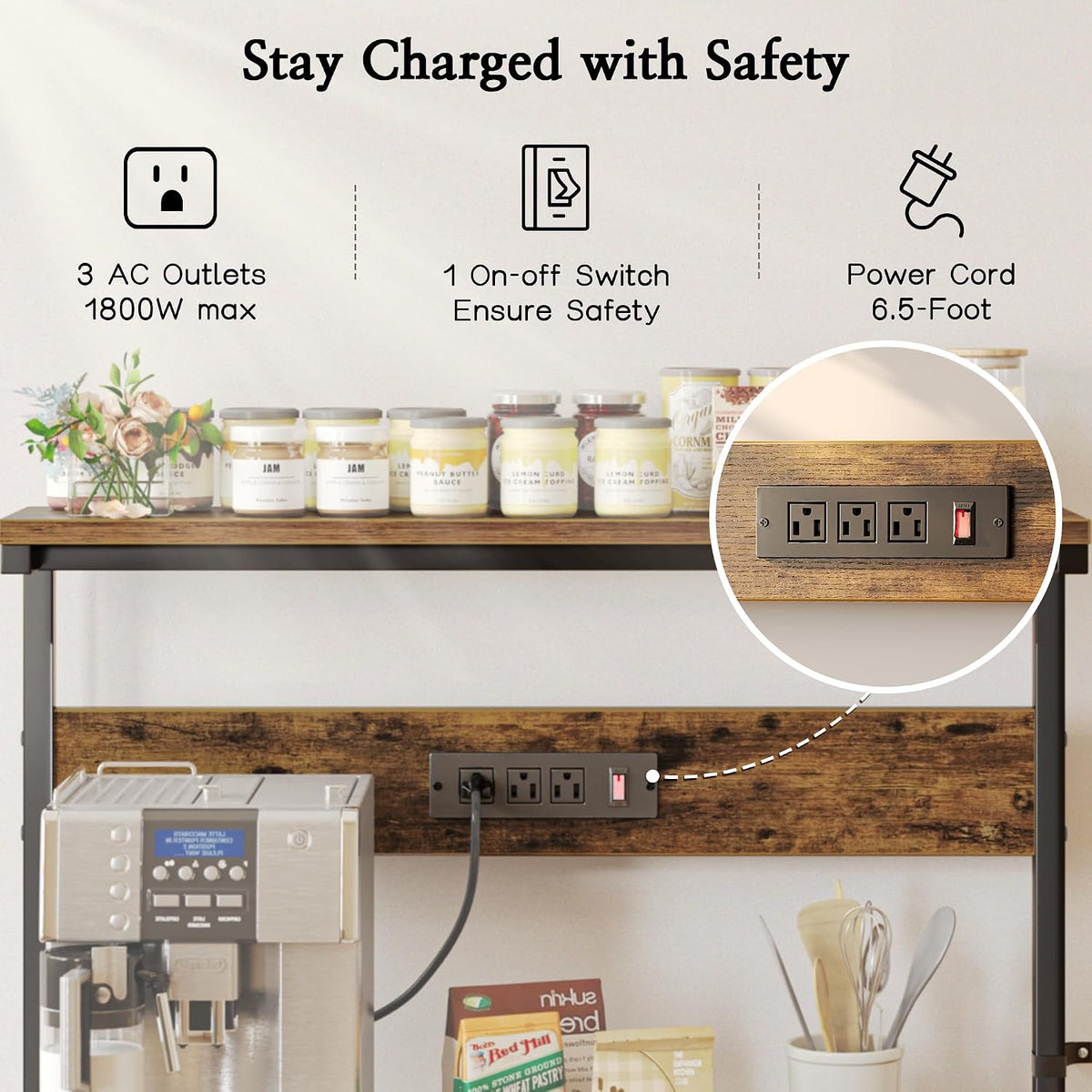 SUPERJARE Bakers Rack with Power Outlets, Microwave Stand, 39.4 X 14.3 Inch Larger Desktop, Kitchen Storage Rack with Adjustable Middle Shelf, 6 S-Shaped Hooks, Coffee Bar Stand, Rustic Brown