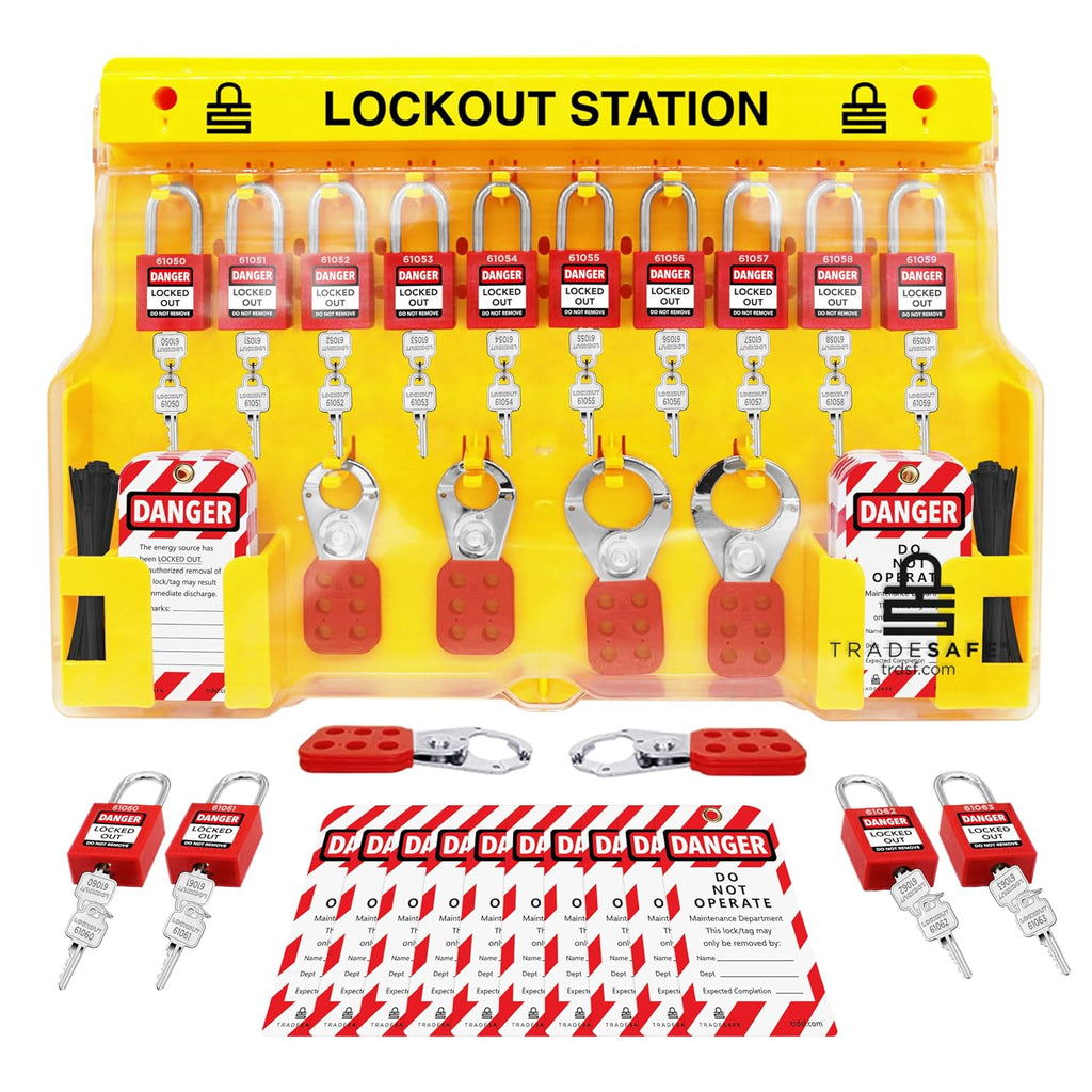 TRADESAFE Lockout Tagout Station with Loto Devices - 14 Pack Safety Lock Set, 6 Hasps, 40 Do Not Operate Tags, Lock Out Tag Out Kit Board, Lockout Safety Supply for OSHA Compliance