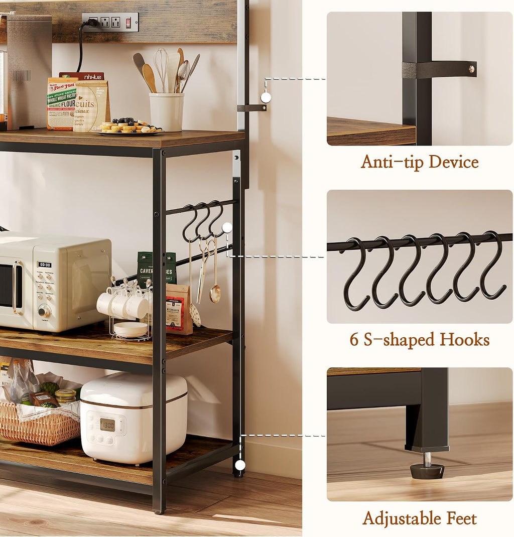 SUPERJARE Bakers Rack with Power Outlets, Microwave Stand, 39.4 X 14.3 Inch Larger Desktop, Kitchen Storage Rack with Adjustable Middle Shelf, 6 S-Shaped Hooks, Coffee Bar Stand, Rustic Brown