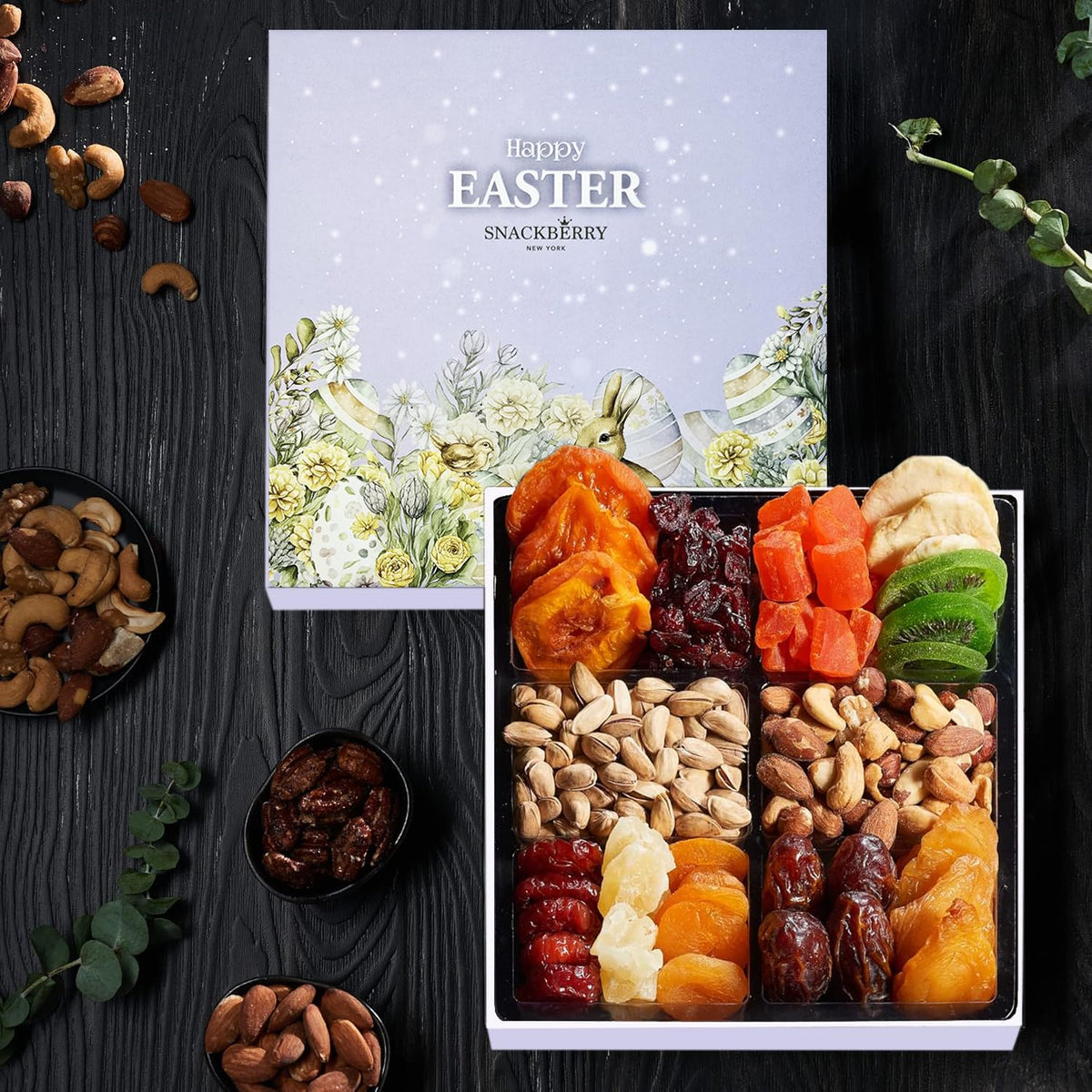 Easter Dried Fruit & Nuts Gift-Basket Arrangement Platter, Gourmet Food Snack Box, For Easter Day, Healthy Kosher, Her Him, 12 Snackberry Assortment (12-Pack)
