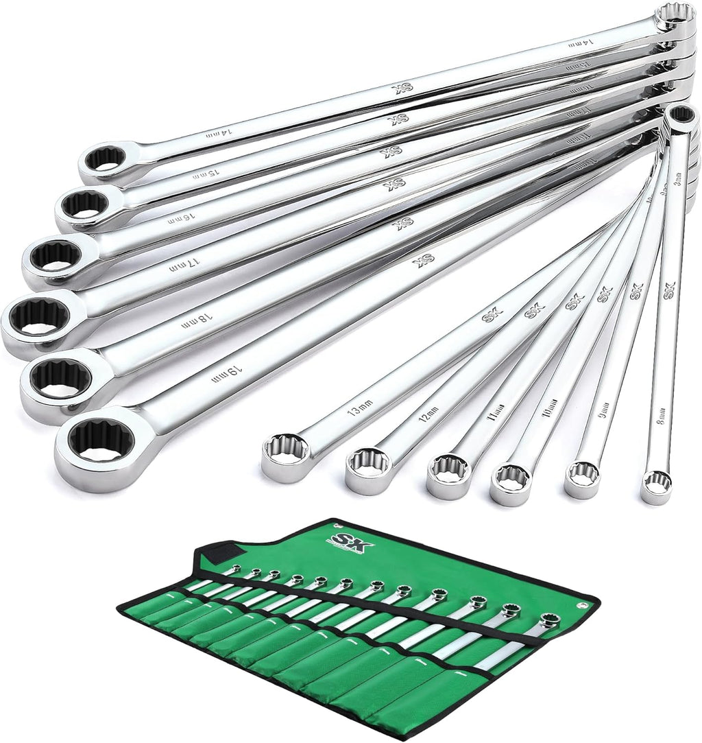 SK Extra Long Ratcheting Wrench Set, Double Box End Wrench Set, 12-Piece, Metric, 8 mm to 19 mm, 72-Tooth, Premium CR-V Construction, with Rolling Pouch