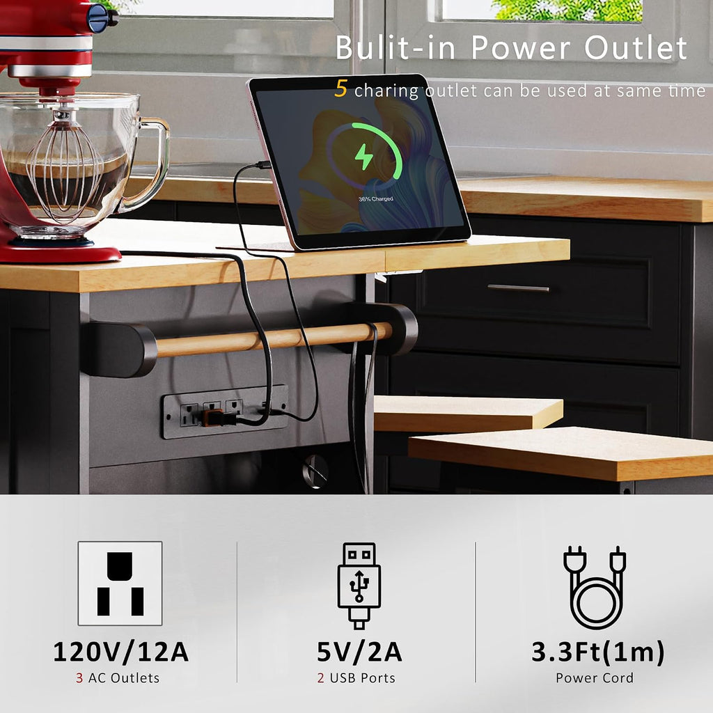 53inch Large Kitchen Island with Drop Leaf, Power Outlet, Internal Storage Rack, Rolling Kitchen Cart On 5 Wheels with 5 Open Side Racks for Kitchen, Dining Room, Black