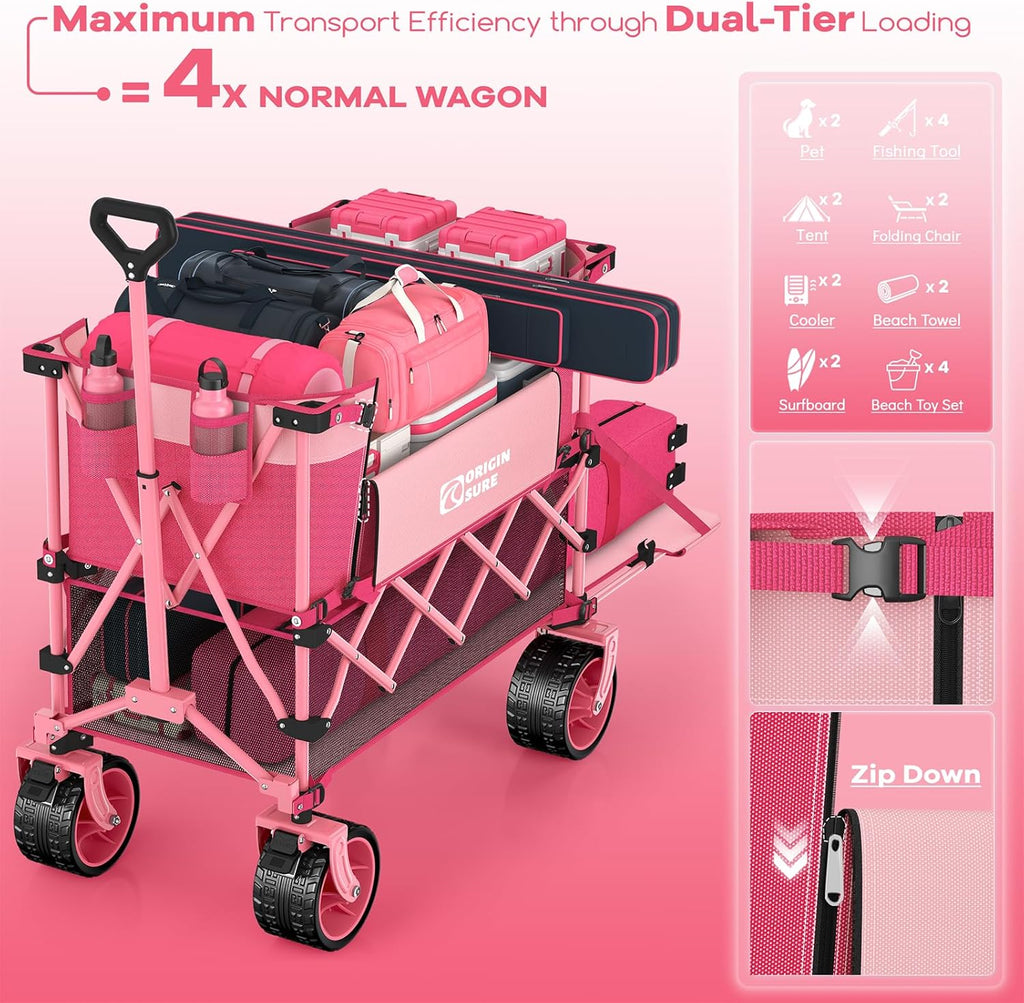400L Double Decker Wagon Collapsible with 54' L Tailgate, 560lbs Heavy Duty Wagons Carts Foldable, Extra Large Folding Beach Wagon with Big All-Terrain Wheels for Camping, Sports, Groceries, Pink