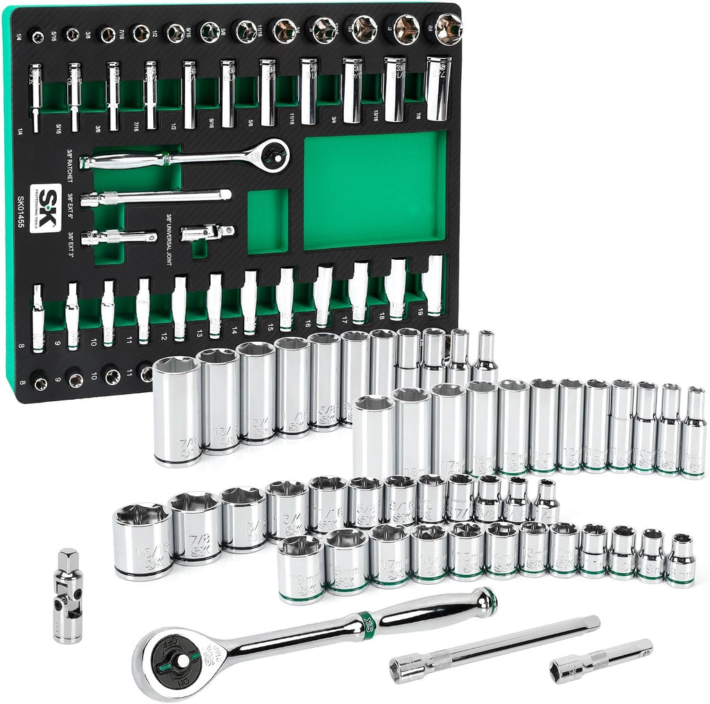 SK Tools USA 3/8' Drive, 51 Piece, 6 Point, Standard & Deep, SAE & Metric Chrome Socket Set | SK01455-216P