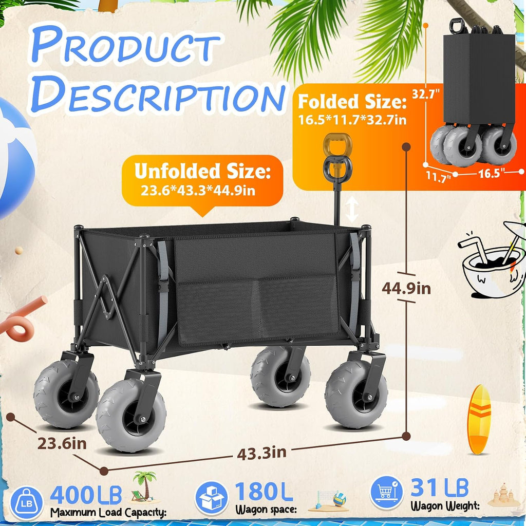Beach Wagon with Big Wheels for Sand Heavy Duty Collapsible Wagon with 9' All Terrain Inflatable Tires, Foldable Beach Cart for Camping Outdoor Grocery Shopping Garden Sports