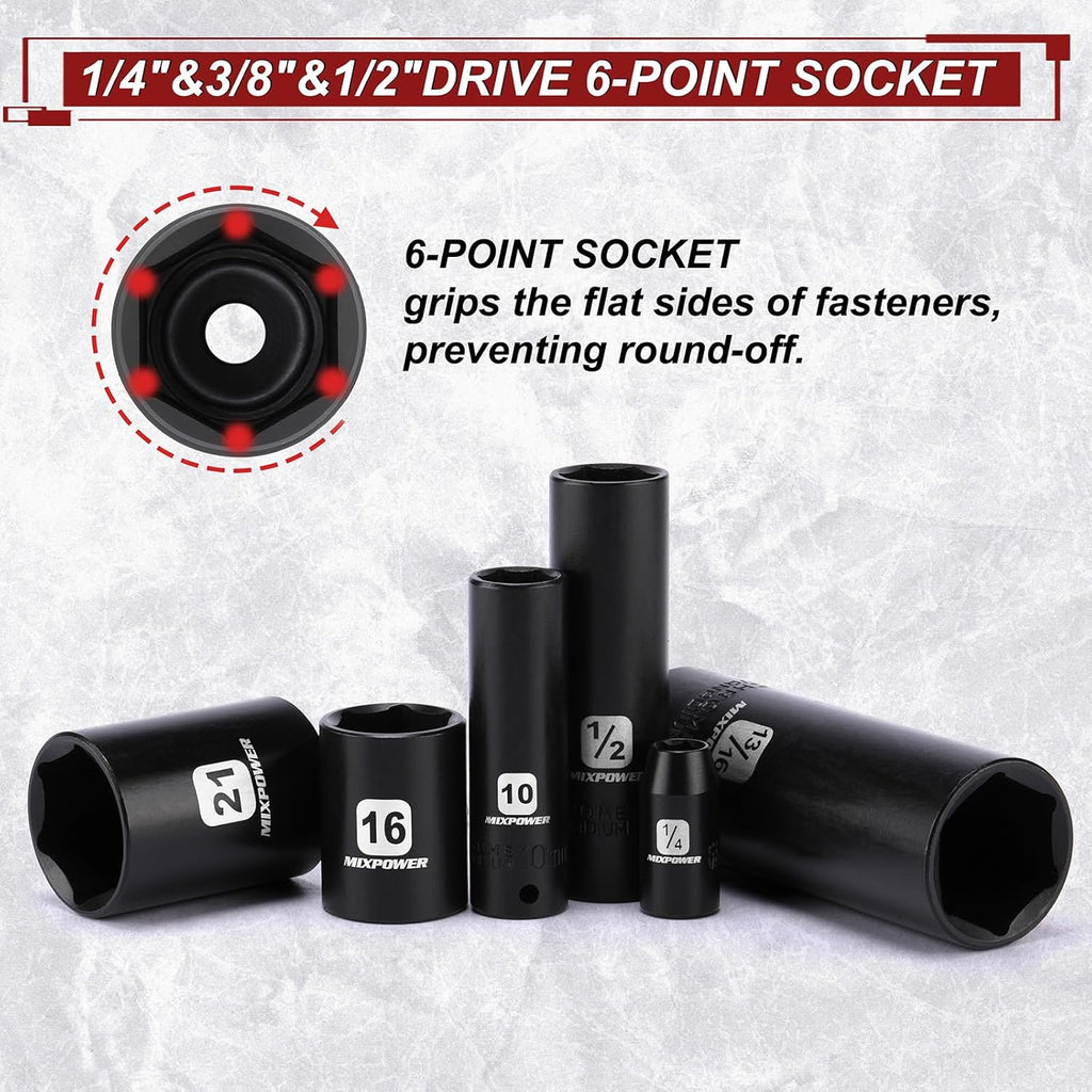 MIXPOWER 153 Pieces 1/4'&3/8'&1/2' Drive Mechanic Tool Set,Metric/SAE,6-Point,Deep and Shallow Sockets,Impact Universal Joint Swivel Sockets,Impact Socket Extension Bar