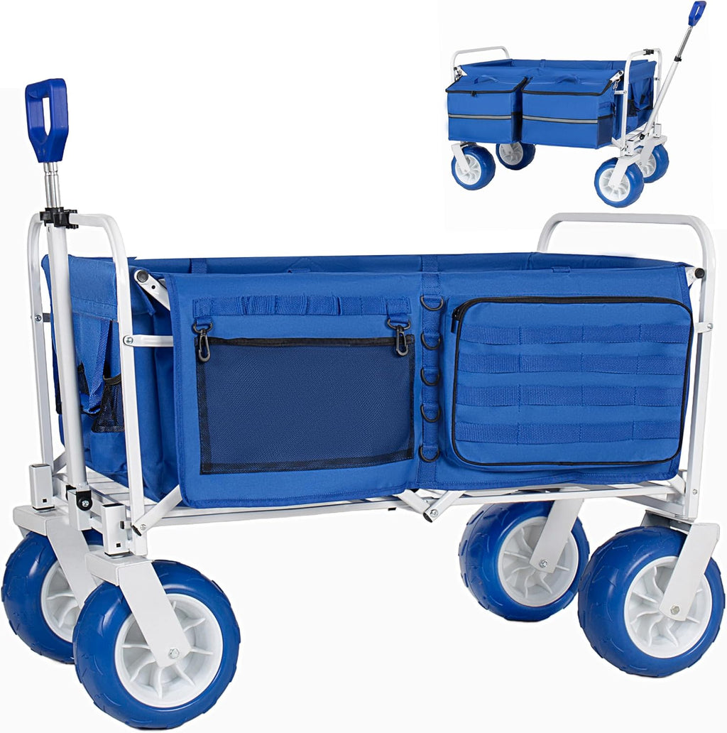 ZeHuoGe Beach Wagon Cart, 500lbs Heavy Duty Collapsible Folding Wagon, Oversized 150L, 9' PVC All-Terrain Wheels, Adjustable Handle, for Beach, Camping, Garden & Outdoor Sports