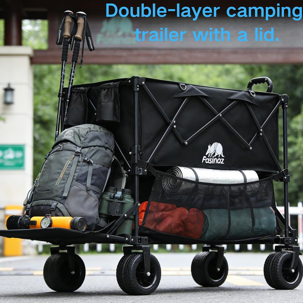 700lb Double Decker Wagon Collapsible Cart Foldable Heavy Duty Wagon Collapsible，400L,54' Extended Foldable Cart with Wheels for Camping Fishing & Outdoor Use, Beach cart，