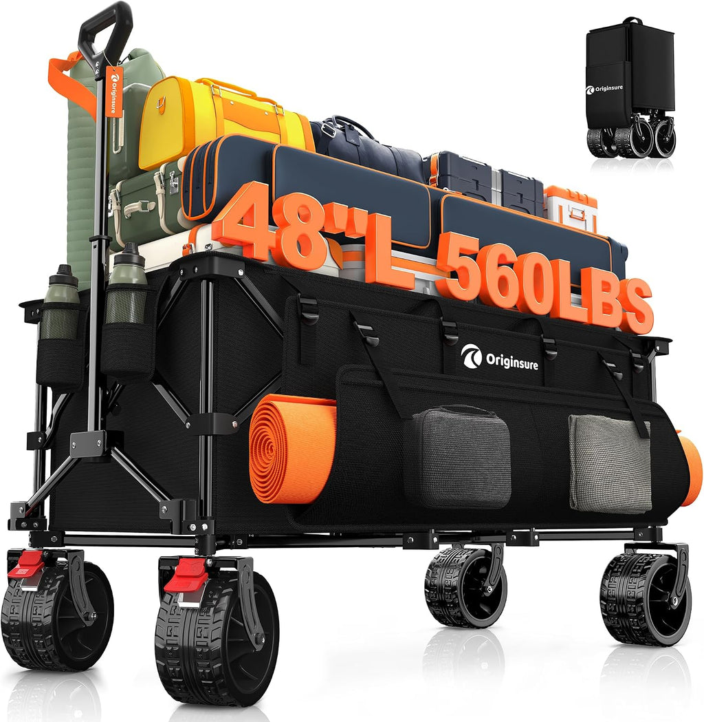 48' L Folding Beach Wagon Cart Foldable, 560lbs Weight Capacity 300L Heavy Duty Collapsible Wagons with Big All-Terrain Wheels, Utility Carts for Groceries, Shopping, Camping, Sports - Black