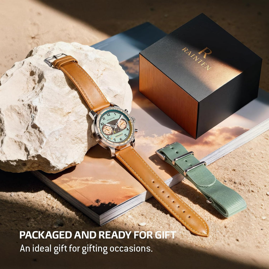 RAINTEN Chronograph Watch, Mechanical Watch for Men, Case 40mm, Seagull St19 | Stainless Steel with Genuine Leather Strap and Sapphire Crystal, Nylon Strap, Gifts- R9032, R9031B, R9031, R9031A