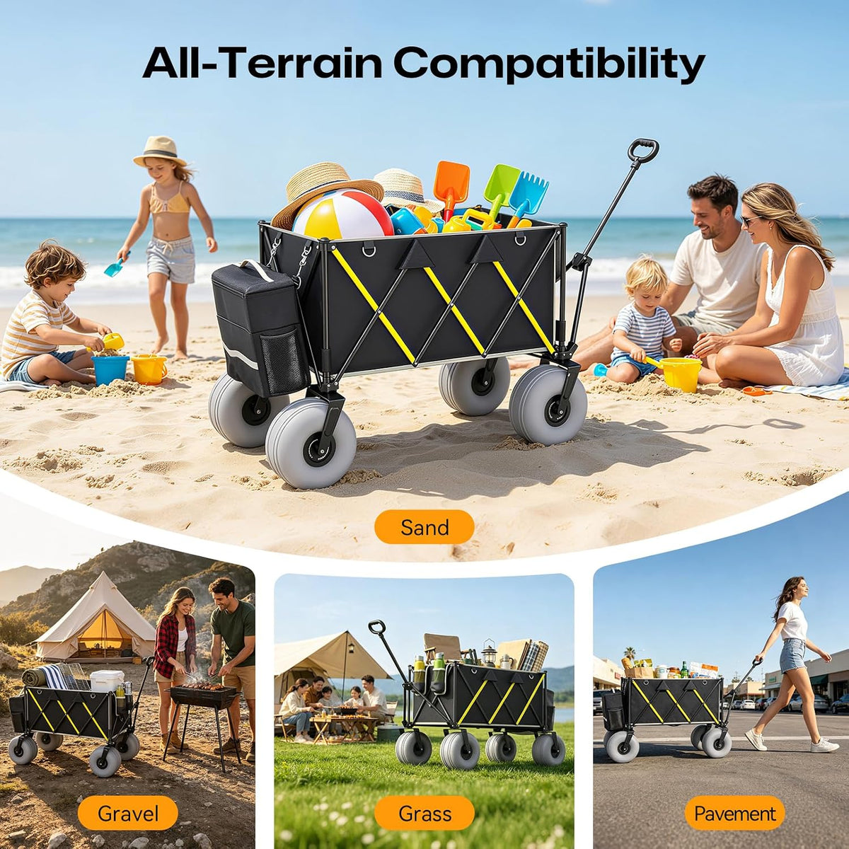 Premium 10.5' Balloon Wheels Beach Wagon - 450LBS Heavy Duty Sand Wagon, Foldable All Terrain Collapsible Utility Wagon with Removable Cooler Bag, Easy Roll for Soft Sand Family Camping-Black