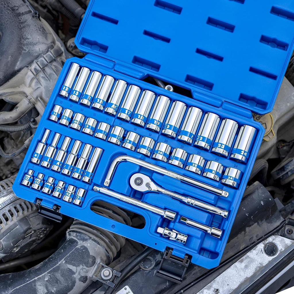 NEIKO 02512A 3/8' Drive Socket Set with Quick Release Ratchet (90 Tooth), 43 Piece Standard and Deep Metric Sizes, 6mm to 24mm, 6 Point, Universal Joint, 3/8' Extension Bars, CR-V Steel (Pack of 4)