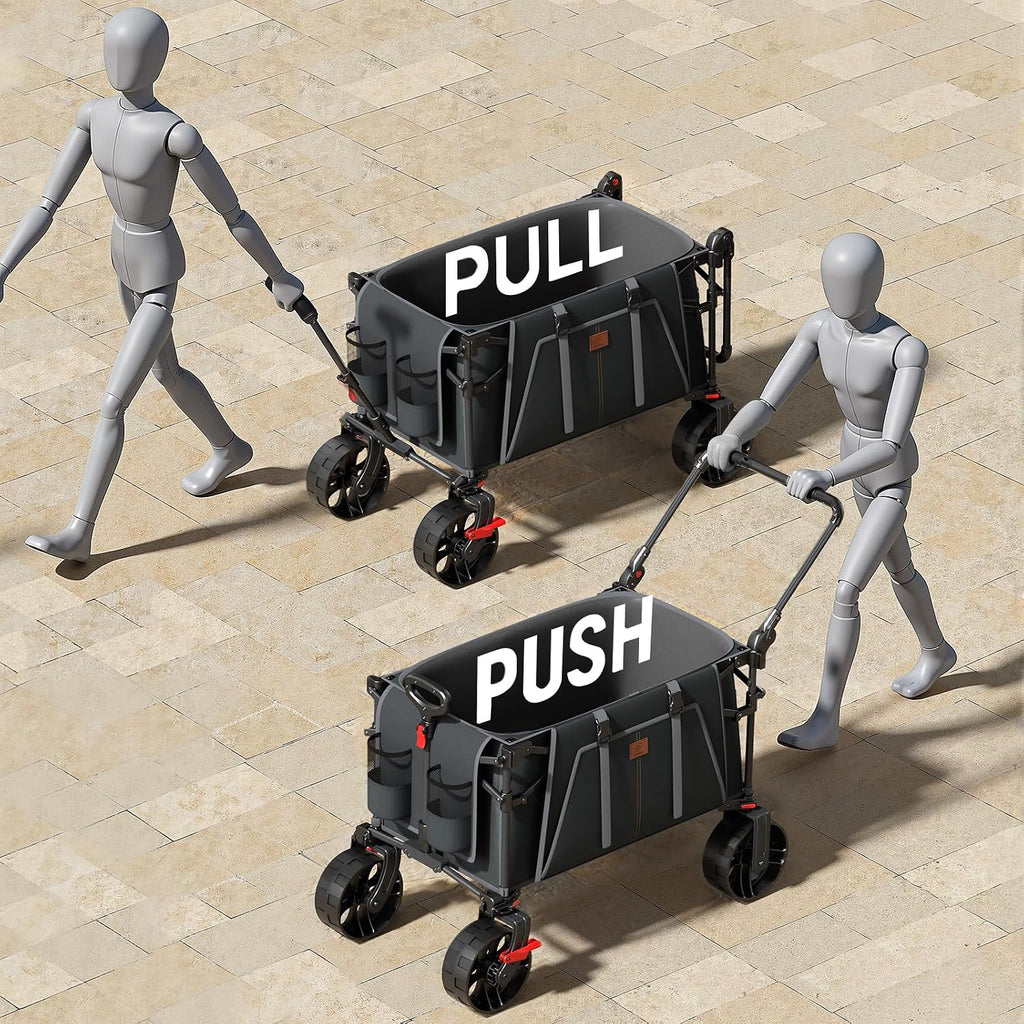 EVER ADVANCED Folding Push Wagon with Brakes, Portable Shopping Cart, Collapsible Wagon Cart with All-Terrain Big Wheels for Camping, Beach, Sports