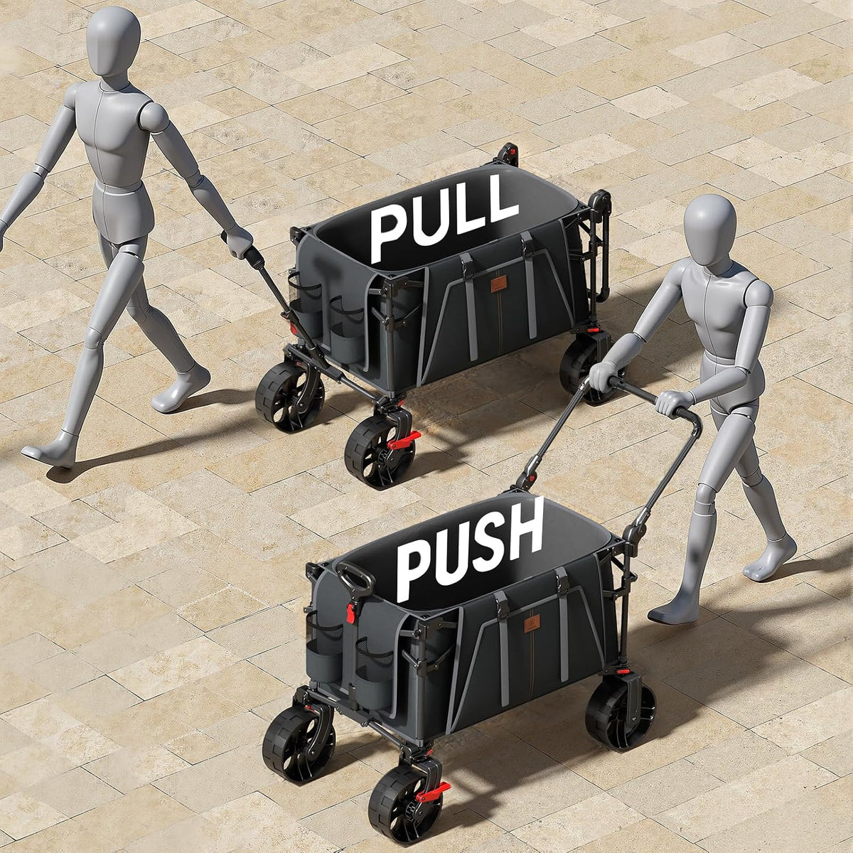 EVER ADVANCED Folding Push Wagon with Canopy, Portable Shopping Cart with Brakes, Collapsible Wagon Cart with All-Terrain Big Wheels for Camping, Beach, Sports