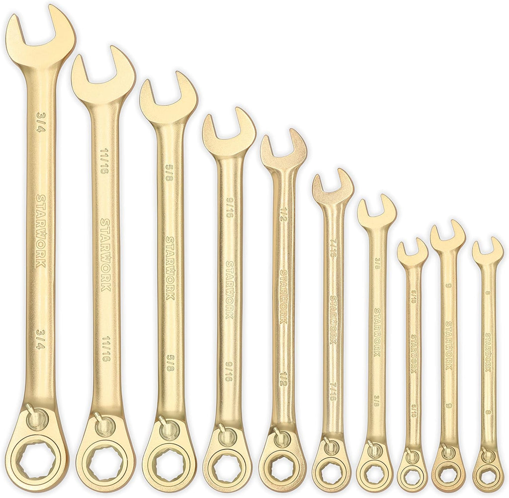 STARWORK 20 Pc. 6-Point SAE, Metric 15° Offset Vintage G-Plating Reversible Non-Slip Long Pattern Ratcheting Combination Wrench Set (5/16' -3/4' & 8-19 mm)