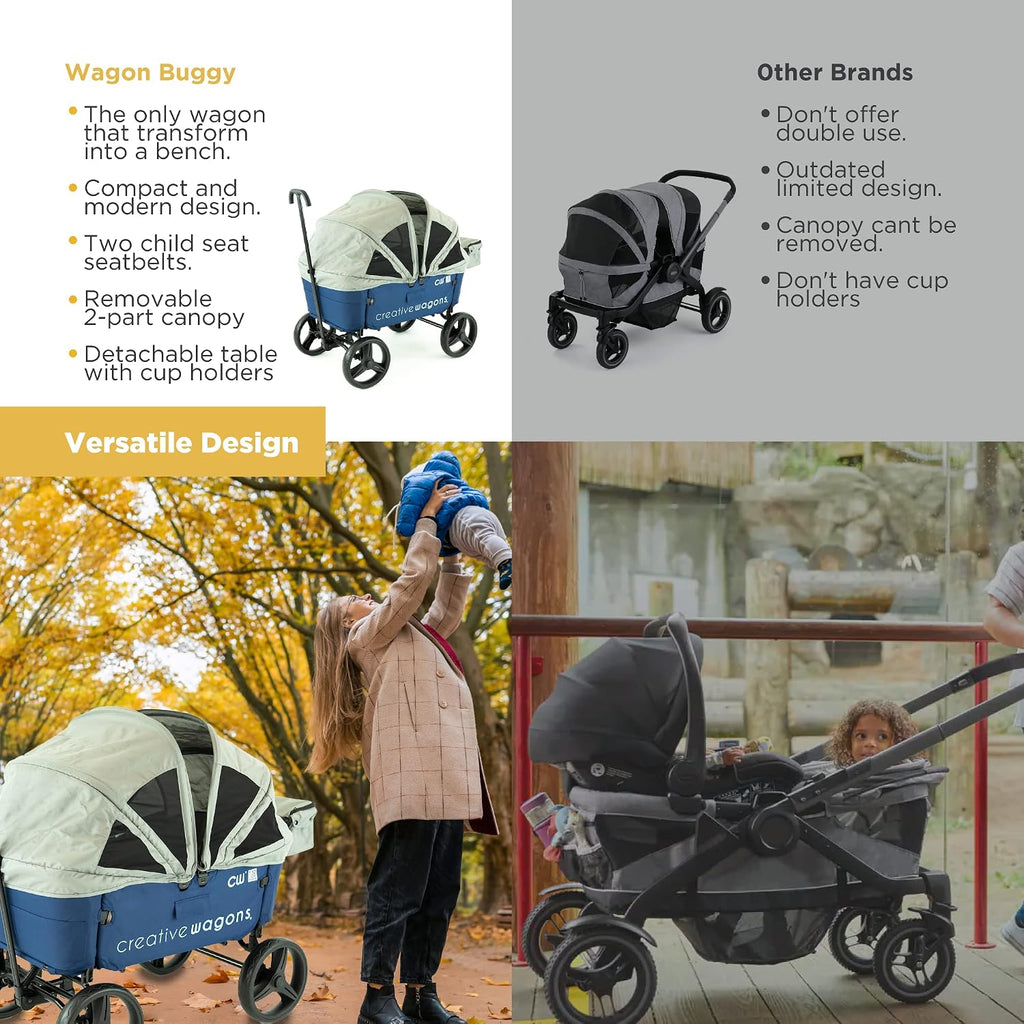 Creative Outdoor Wagon for Kids Push Pull Collapsible Stroller Wagon Buggy Transformable Bench Cart for Kids Cargo All Terrain, Removable Canopy
