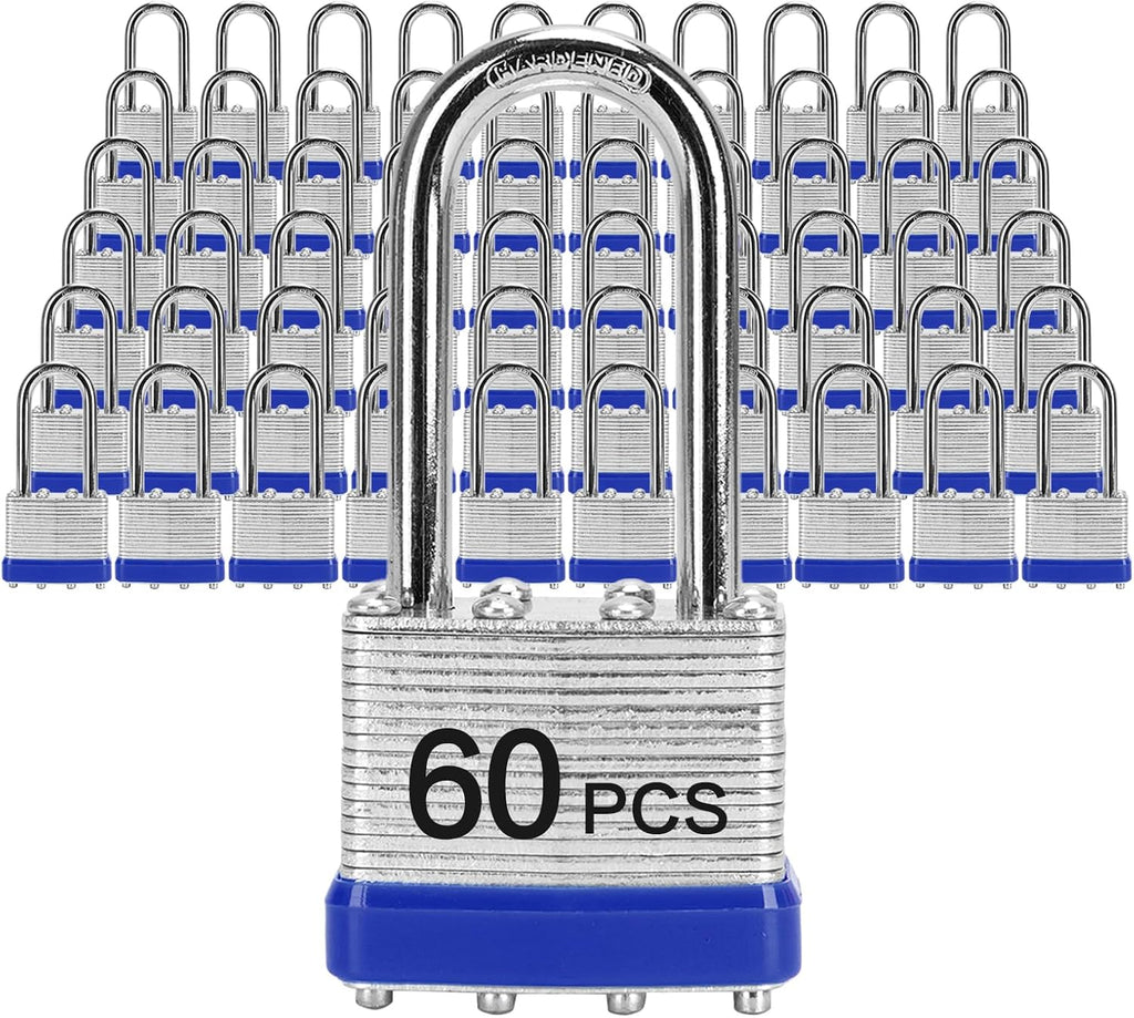 Padlocks with Same Key, LQYN 60 Pcs Laminated Keyed Padlock (1-9/16', 40mm), Keyed Alike Locks, Long Shackle, for Storage Locker, Hasp Latch, Toolbox, Sheds