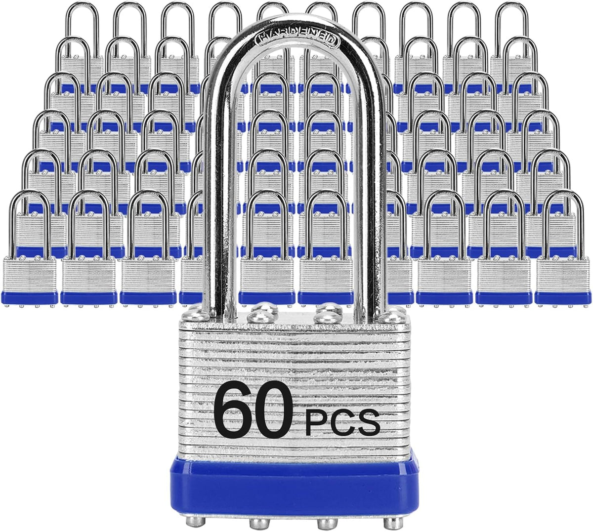 Padlocks with Same Key, LQYN 60 Pcs Laminated Keyed Padlock (1-9/16', 40mm), Keyed Alike Locks, Long Shackle, for Storage Locker, Hasp Latch, Toolbox, Sheds