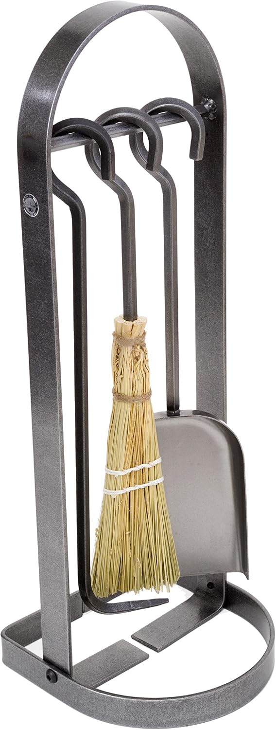 Enclume Hammered Steel Fireplace Accessories Set, Includes Fire Shovel, Log Poker, and Sorghum Broom, 14 Pounds