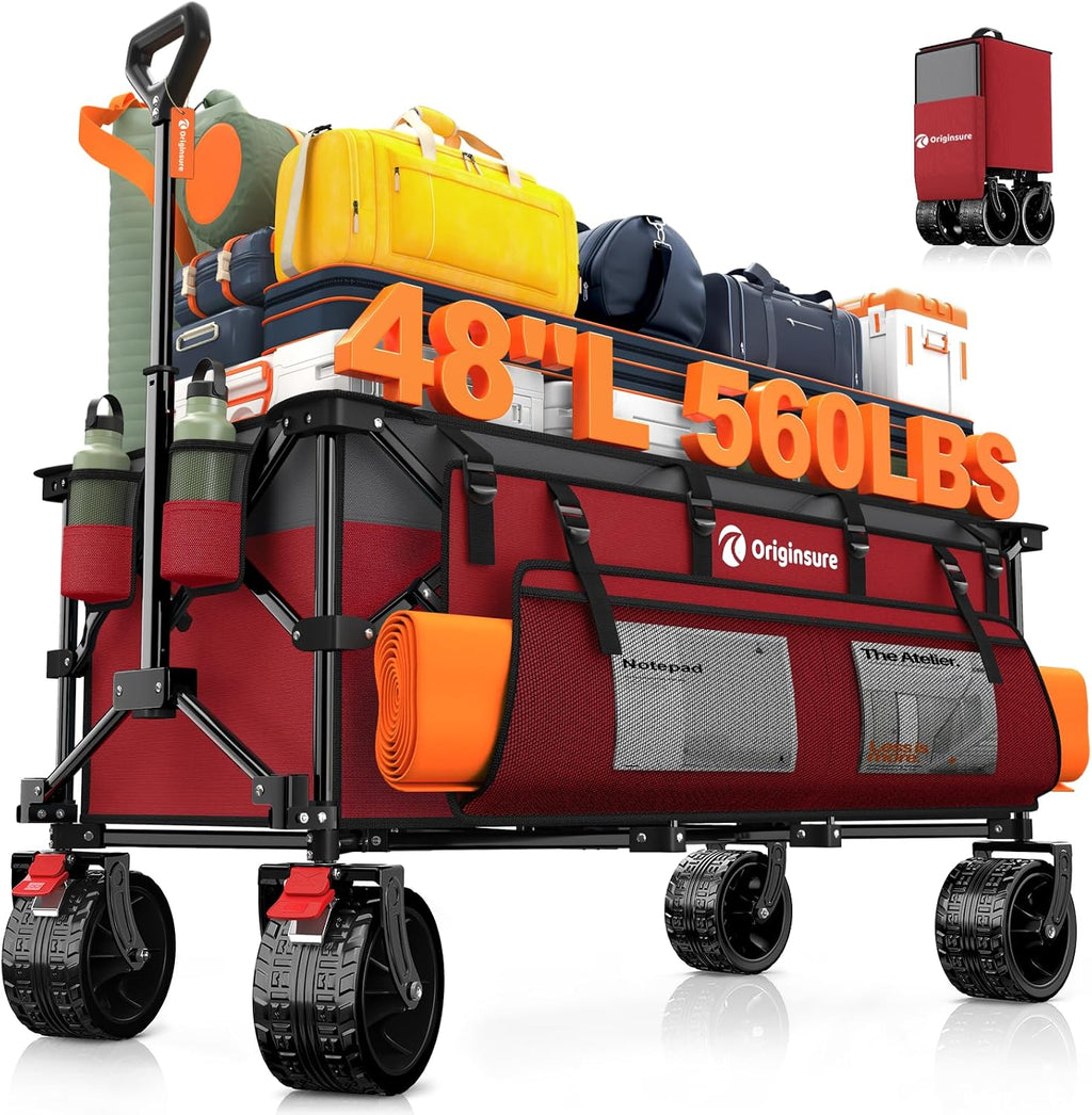 48' L Folding Beach Wagon Cart Foldable, 560lbs Weight Capacity 300L Heavy Duty Collapsible Wagons with Big All-Terrain Wheels, Utility Carts for Groceries, Shopping, Camping, Sports - Grey&Red