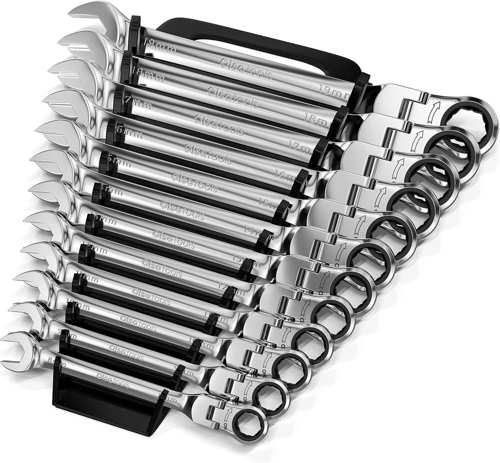 Olsa Tools Flex Head Ratcheting Wrench Set (Metric 12pc) | 6-Point Box End Ratchet Wrenches Set | 120 Tooth Ratchet Wrench Sets | Works on Stripped and Rounded Bolts | Professional Spanner Wrench