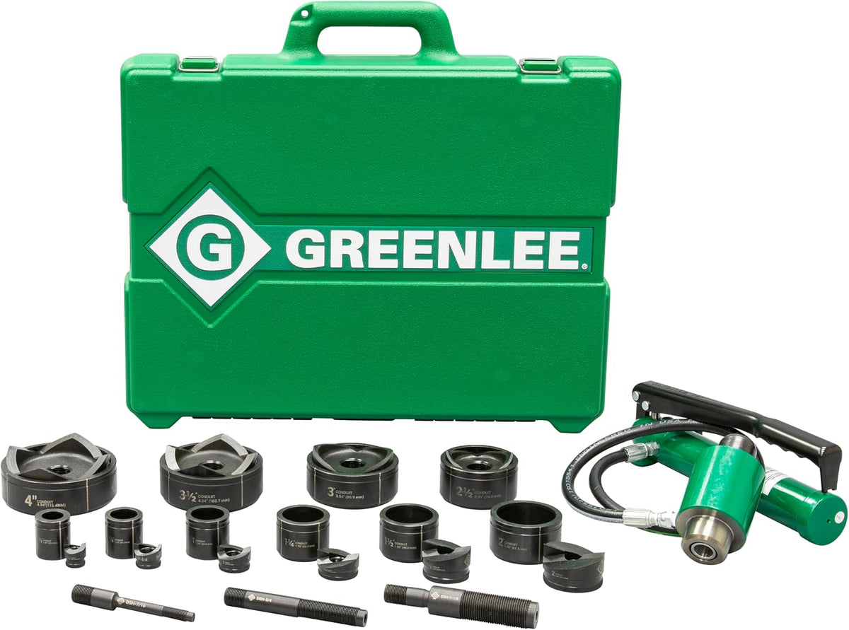 Greenlee 7310SB 11-Ton Hydraulic Knockout Punch Kit with Hand Pump, Ram, 1/2' to 4' Slug-Buster Punches, Dies, and Hydraulic Draw Studs, Electrical Conduit Hole Cutter Kit