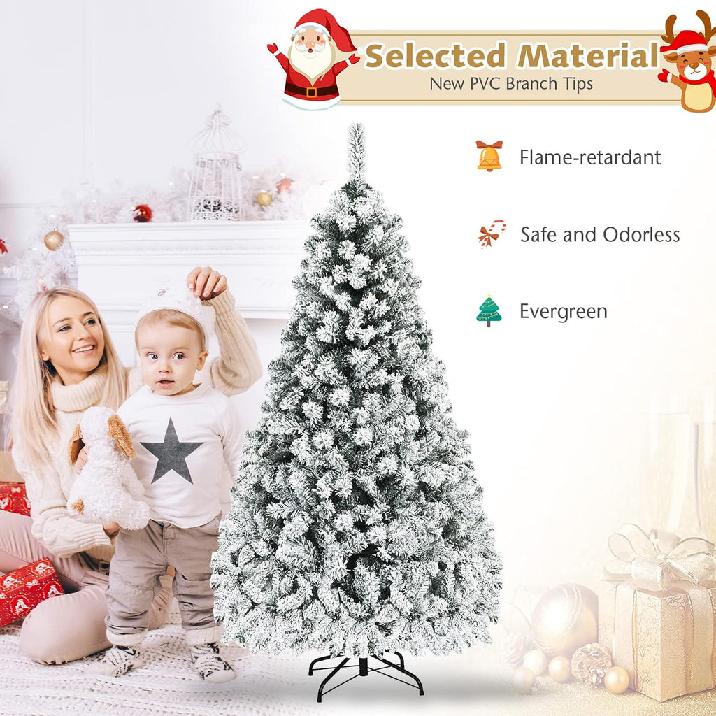 COSTWAY 7.5 FT Pre-Lit Christmas Tree, Snow Flocked Hinged Xmas Tree with 1010 Branches Tips & 450 LED Lights, Metal Stand, Artificial Pine Lighted Holiday Tree for Home Office Decorations