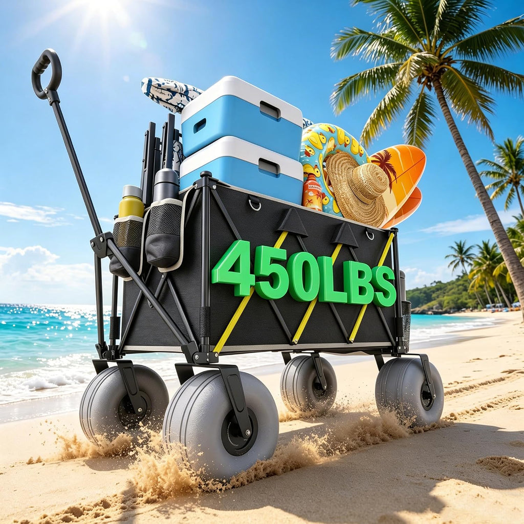 Premium 10.5' Balloon Wheels Beach Wagon - 450LBS Heavy Duty Sand Wagon, Foldable All Terrain Collapsible Utility Wagon with Removable Cooler Bag, Easy Roll for Soft Sand Family Camping-Black