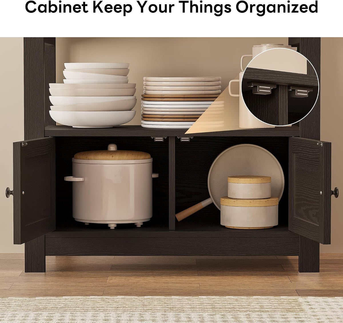 LIKIMIO Baker Rack with Spill-Safe Power Outlet & Drawer, Coffee Bar Cabinet with Storage, Farmhouse Microwave Stand with Hutch and 5 Hooks for Kitchen, Black