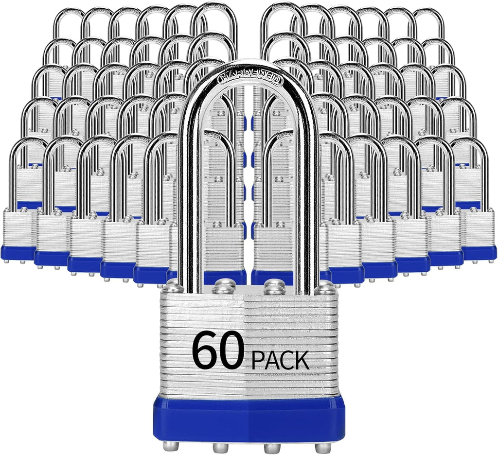 Padlocks Keyed Alike, Pack of 60, Laminated Steel Keyed Lock (1-9/16', 40mm), Padlocks with Same Key, Long Shackle, for Toolbox, Locker & StorageUnit or More