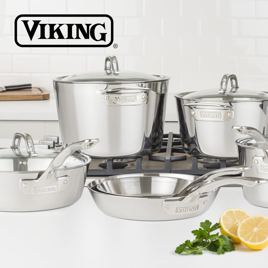 Viking Contemporary 3-Ply Pots and Pans Set, 12 Piece Stainless Steel Kitchen Cookware with Glass Lids, Silver