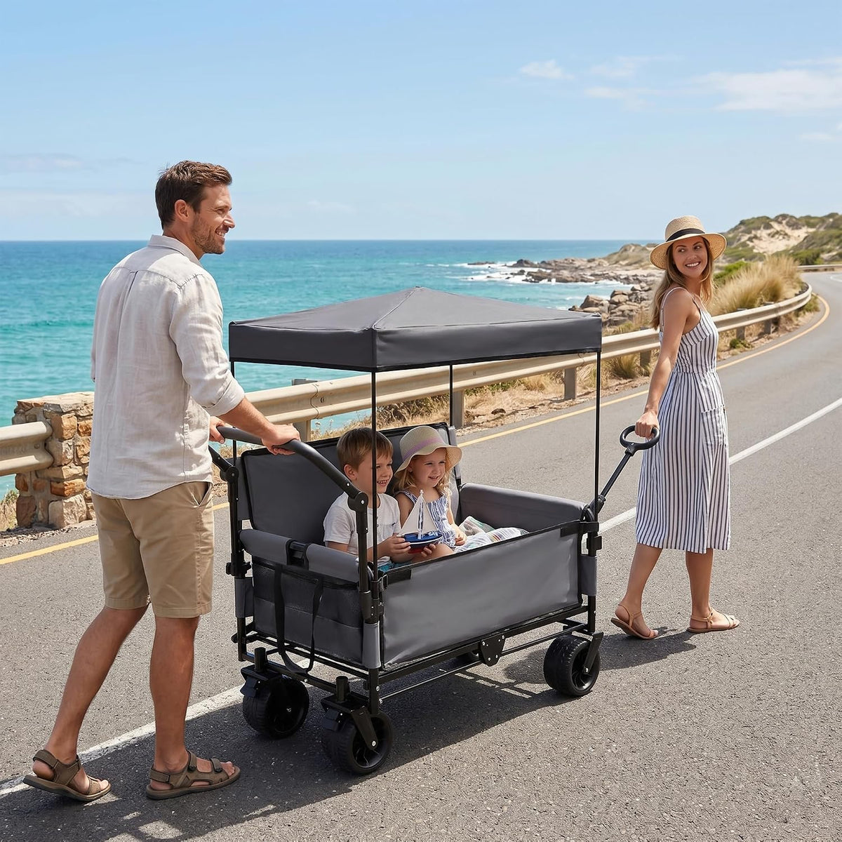 ZeHuoGe 3-in-1 Folding Wagon Cart with Bench Seat & Canopy & Storage, 500lbs Heavy-Duty, 180L Capacity, All-Terrain Wagon for Camping, Beach, Sports, & Garden (Gray+Black Frame)