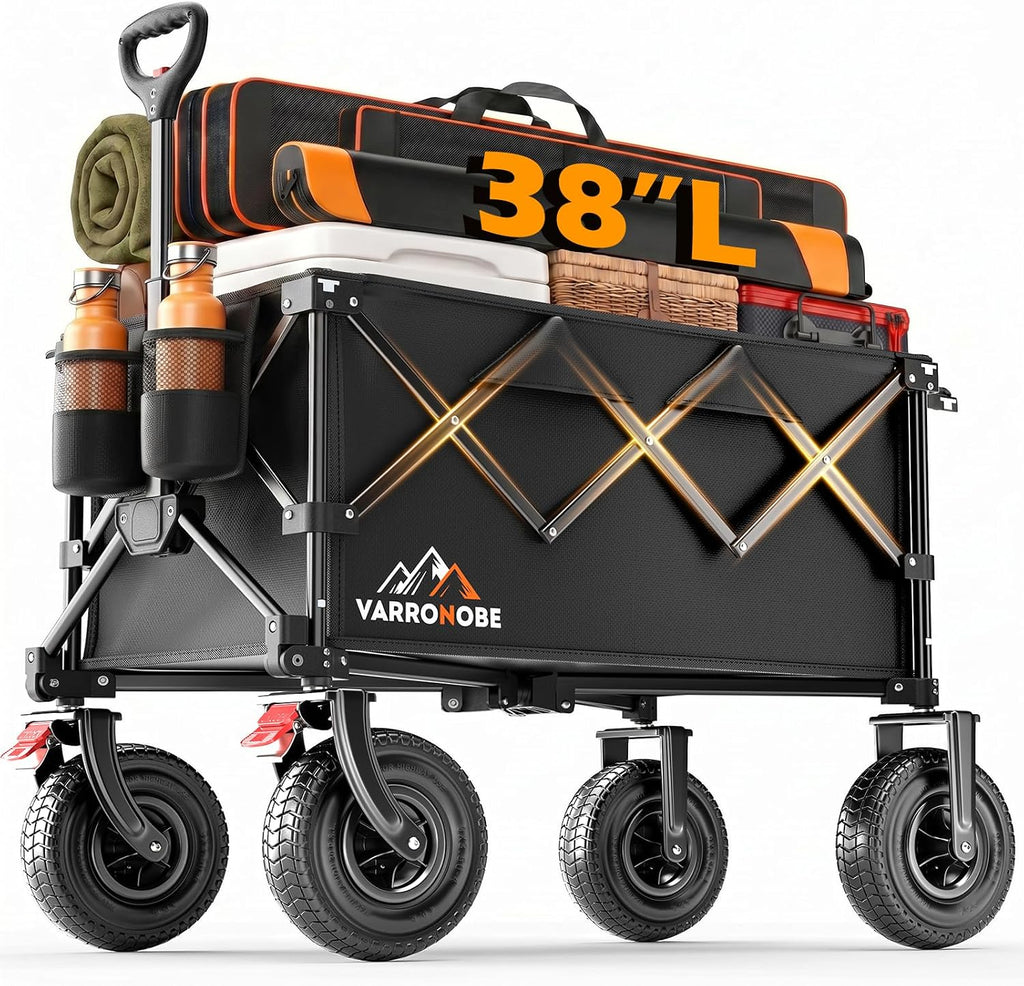 Big Rubber Wheels Beach Wagon Cart Foldable, 9x3 All-Terrain Wheels, Heavy Duty Collapsible Utility Wagon with 330lbs Capacity, Compact Storage, Easy Transport for Sand Camping Sports, Black