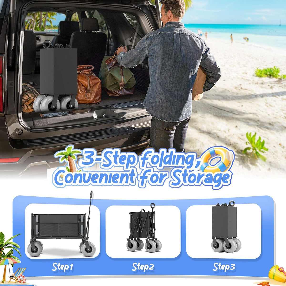 Beach Wagon with Big Wheels for Sand Heavy Duty Collapsible Wagon with 9' All Terrain Inflatable Tires, Foldable Beach Cart for Camping Outdoor Grocery Shopping Garden Sports